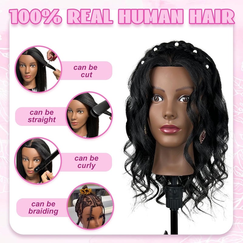 Firstwon 18'' Mannequin Head Human Hair with 100% Real Hair Cosmetology Manikin Doll Head for Hair Styling Mannequin Head for Braiding with Table Clamp Stand and Tools(18Inch-Tripod) - Image 2